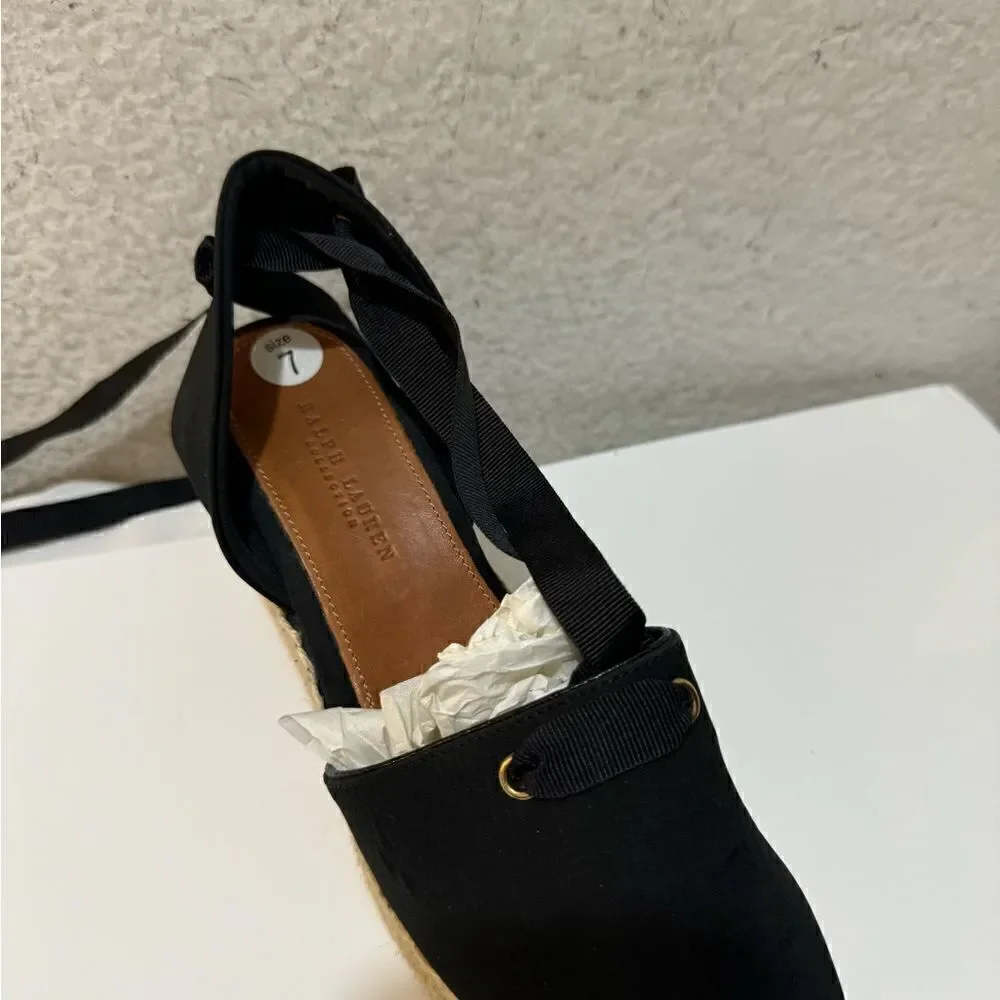 Ralph Lauren Black Uma Espadrille Wedge Ankle Wrap Platform Sandals Size 37